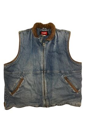 Wrangler Blue Denim Vest with Brown Trimmed Collar